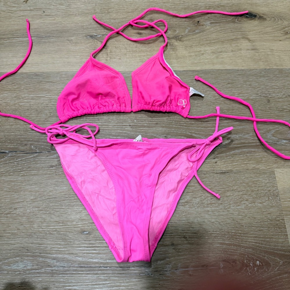 OP Ocean Pacific Neon Pink Triangle Bikini Set Medium 7-9 Side Tie Two Piece